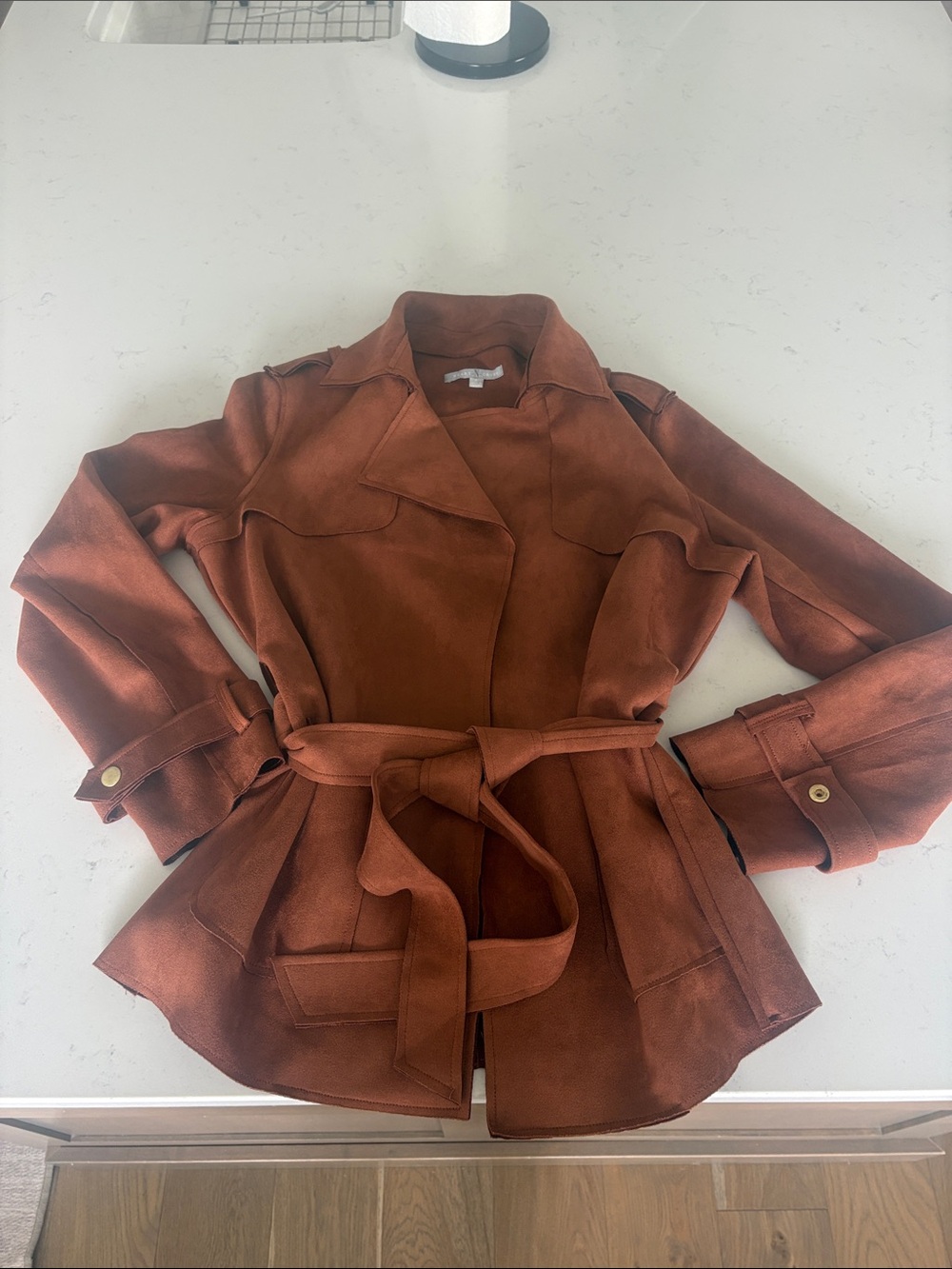 Rust Brown suede Tie-Waist Women's Trench Jacket